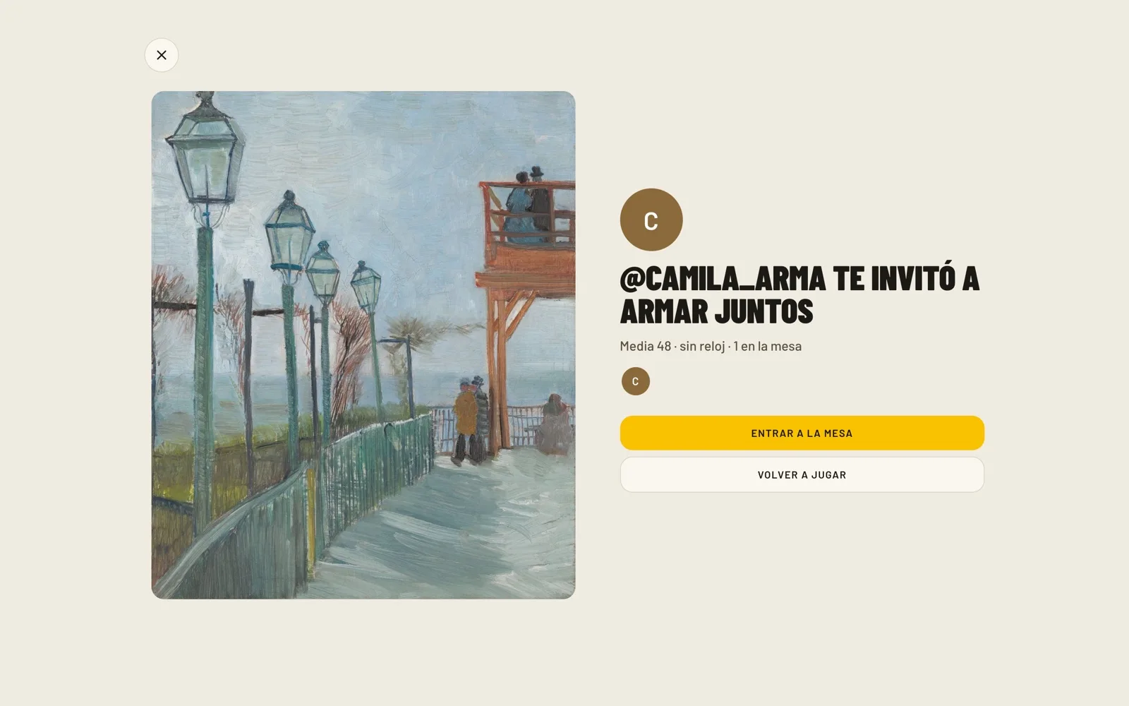 Invitación de @camila_arma para Armar juntos con una obra y botones para entrar.