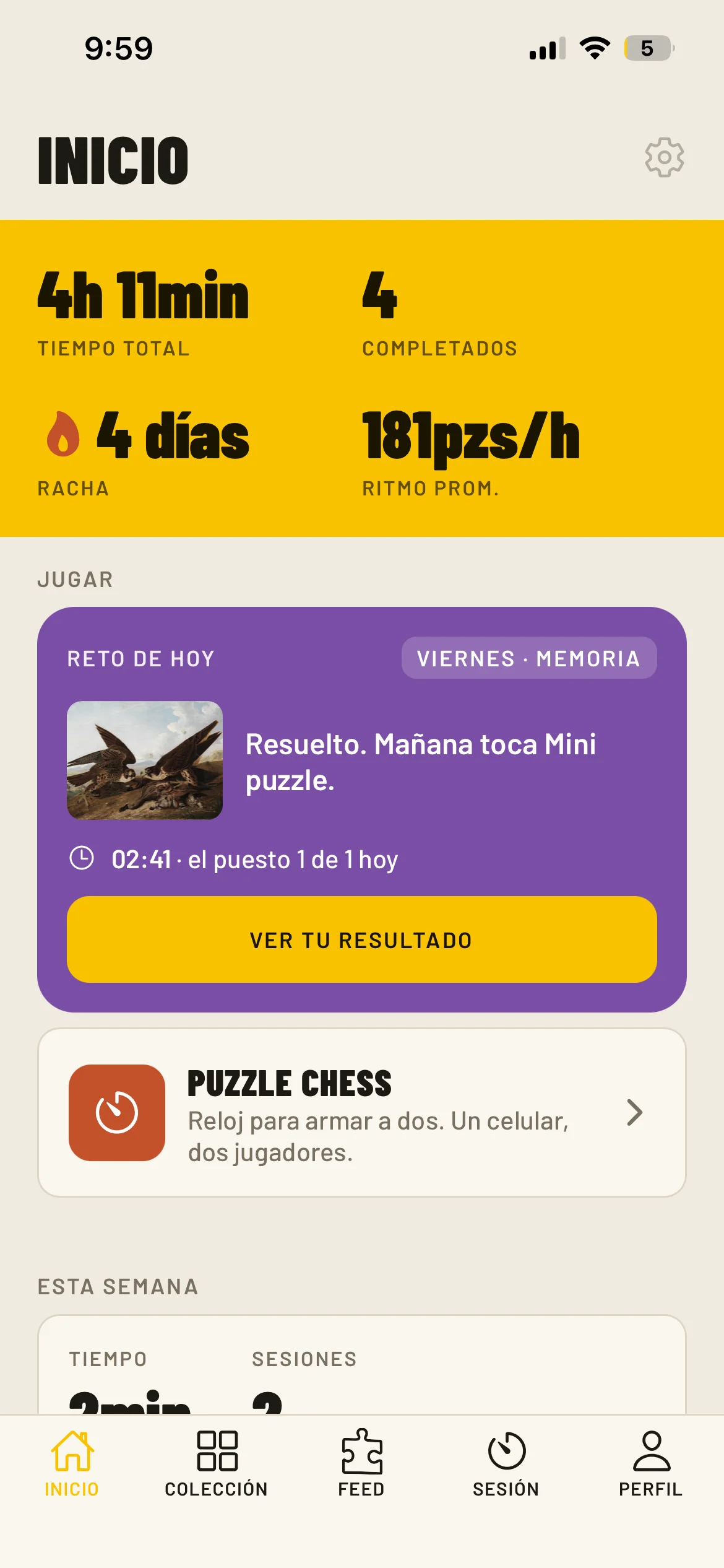 Pantalla de inicio de Puzzlr: tiempo total armando, puzzles terminados, racha, ritmo en piezas por hora y el rompecabezas del día